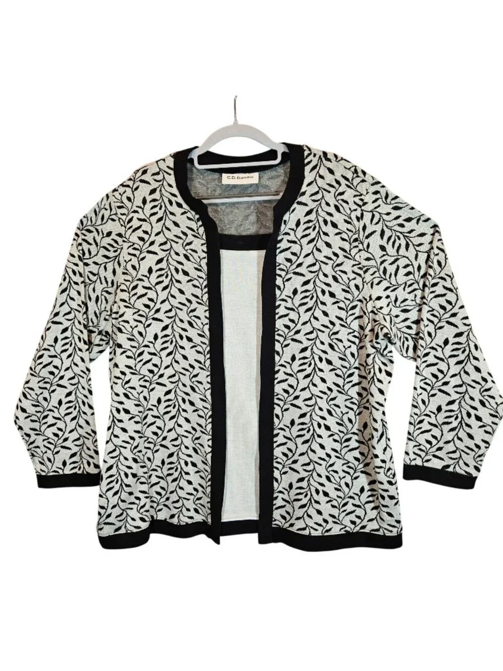 C.D. Daniels Womens XL Sweater faux Jacket Black White Leaf career modest office